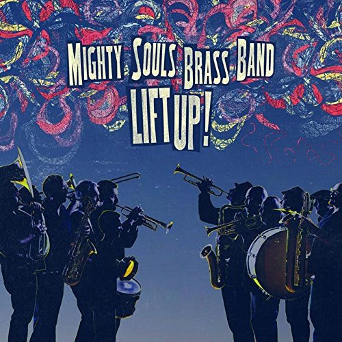 "CD cover with silhouetted brass band members and colorful abstract design in the background."