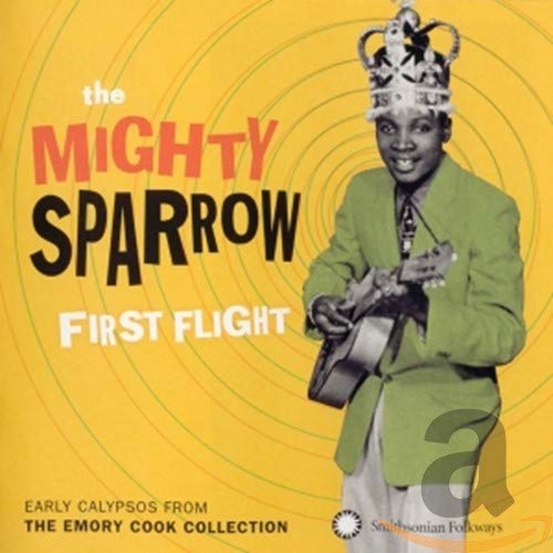 Mighty Sparrow album cover: smiling musician with guitar, yellow background.