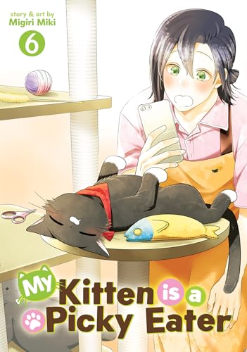 Manga cover: woman with black kitten, cat toys, and a smartphone.