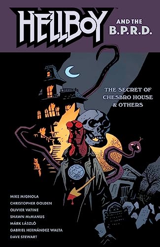 Hellboy comic book cover featuring a haunted house, skull, and serpent.