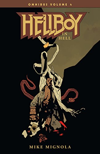 Hellboy stands in a dark, stylized scene with a tall figure and red snake.