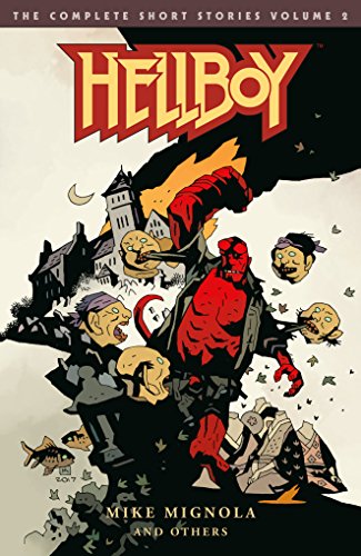Hellboy stands amidst floating heads and a dark castle on this graphic novel cover.