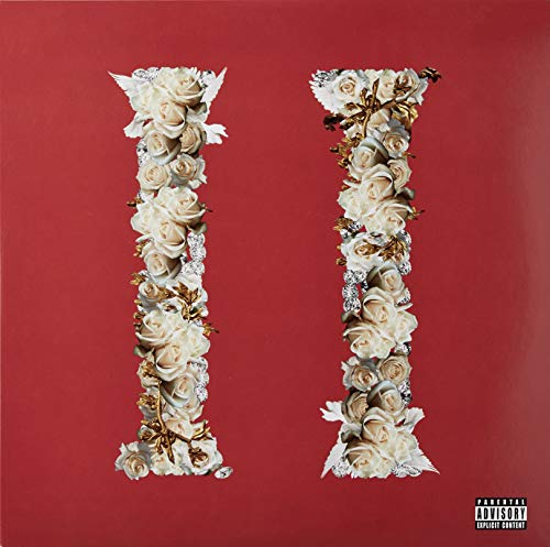 Red background with the number "II" formed from white roses and glitter.