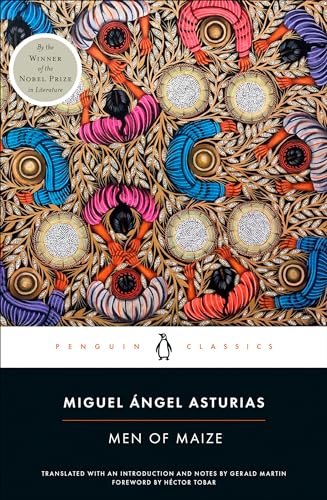 Book cover: patterned figures with maize, title “Men of Maize” below.