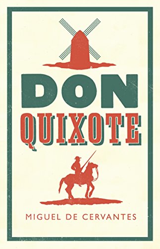 Book cover featuring a windmill, Don Quixote on horseback, and the title in bold text.