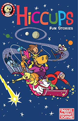 Cartoon characters and animals fly through space on a red sled against a starry background.