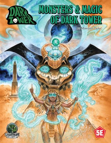 Fantasy book cover featuring a sphinx, desert landscape, and magical elements.