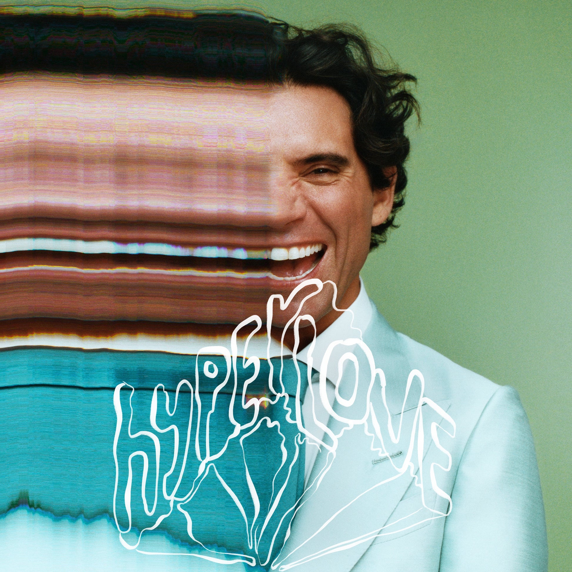 Mika album cover, distorted face with "Hyperlove" text overlay.