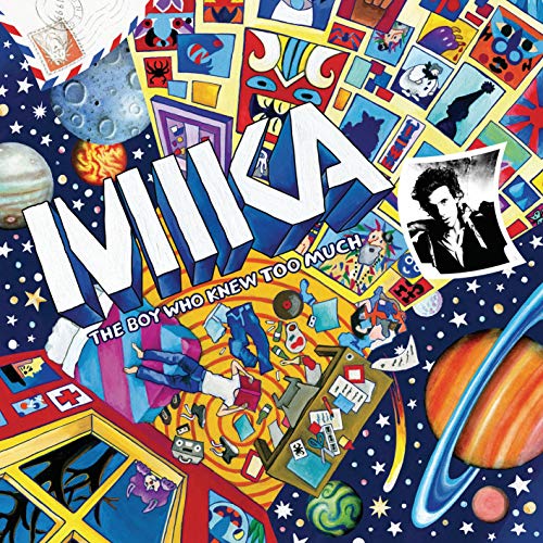 Colorful, surreal album cover with the word MIKA and a black-and-white portrait of him.