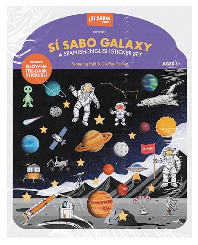 Space-themed sticker book with astronauts, planets, and a lunar landscape.