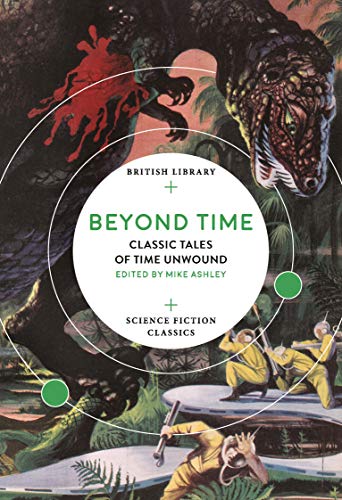 Vintage sci-fi book cover with a dinosaur and explorers in peril.