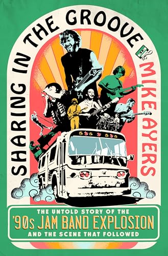 Book cover: musicians on a bus, retro style, orange and green palette.