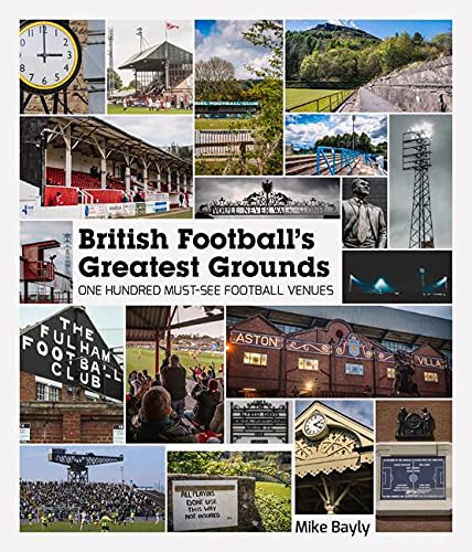 Book cover collage featuring various British football stadiums, architectural details, and the title text.