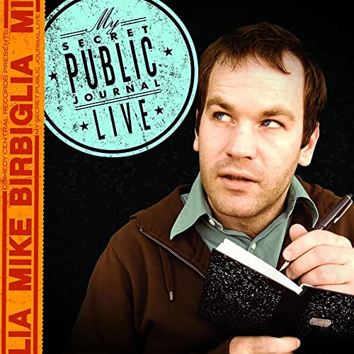 Mike Birbiglia holding a pen and notebook with a circular title graphic above him.