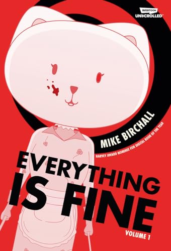 Book cover: pink figure with obscured face, red background, title “Everything Is Fine”.