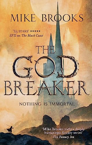 Book cover: Tall, dark spire against a fiery orange and yellow sky.