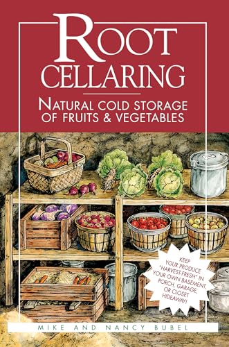Book cover for “Root Cellaring” depicting produce storage in a cellar.