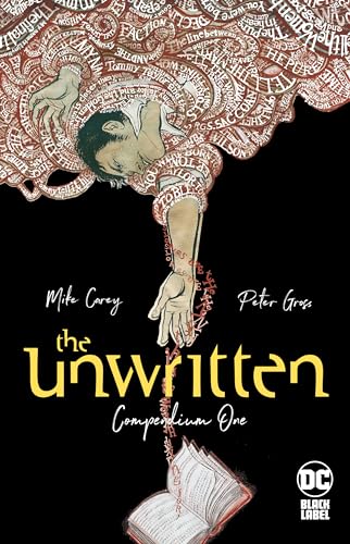 Book cover: man falling into swirling text above an open book.