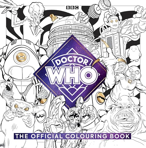 Black and white line art of Doctor Who monsters and the show's logo.