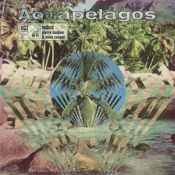 Vinyl record cover: tropical beach scene with palm trees and geometric shapes.