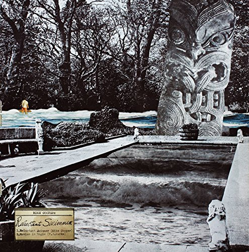 Surreal collage of a swimming pool, a carved tiki statue, and trees in black-and-white.