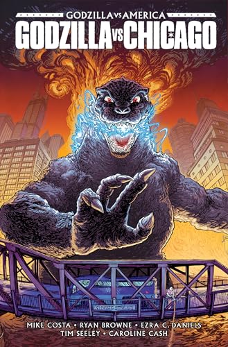 Godzilla breathes blue energy over a bridge in front of a burning Chicago skyline.