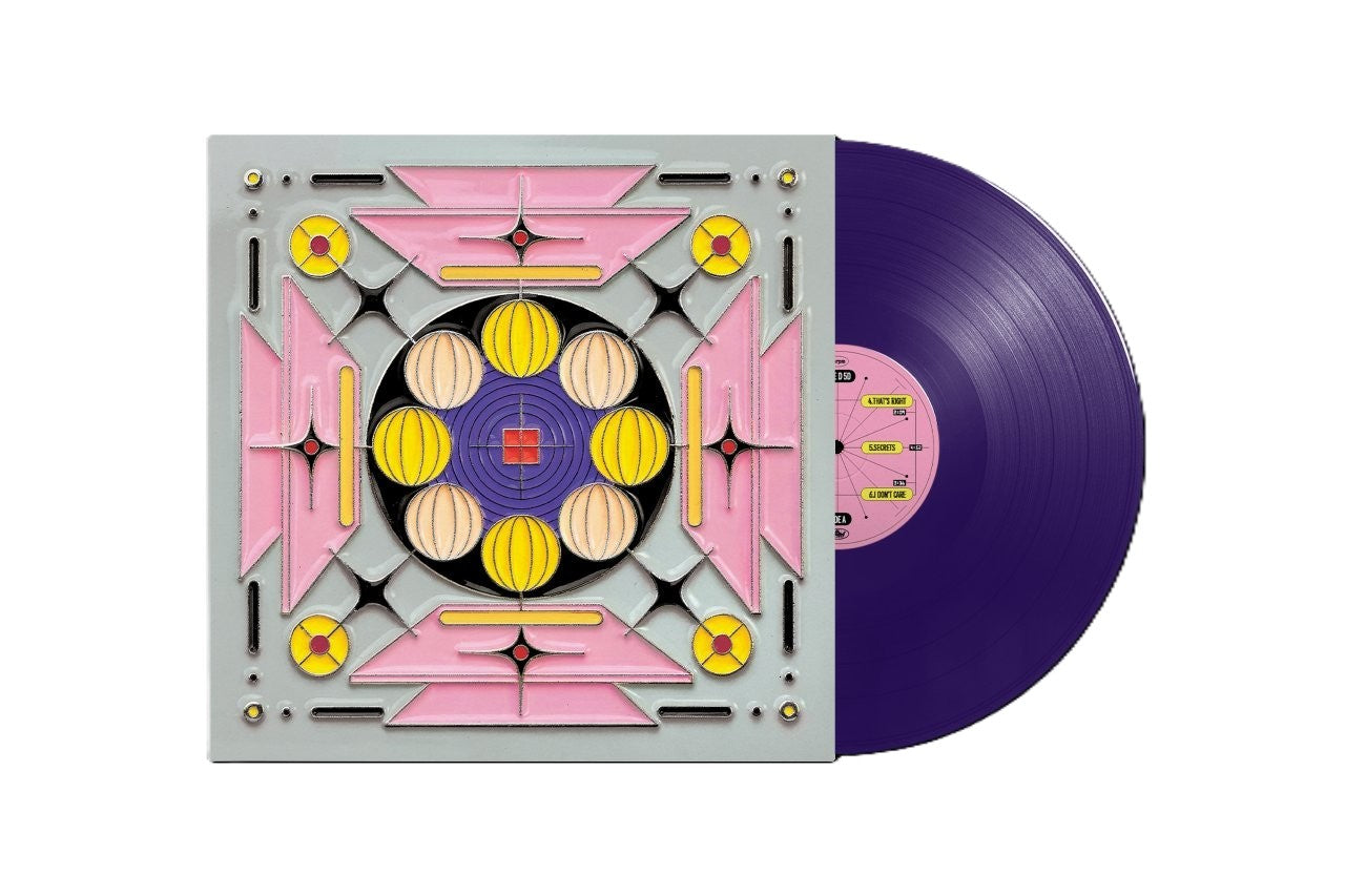 Purple vinyl record with geometric yellow, pink, and gray album art.