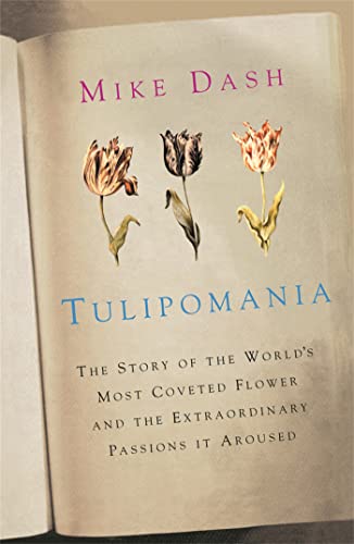 Open book cover: “Tulipomania” with illustrations of colorful tulips.