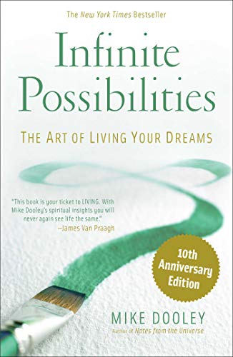 Book cover with green brushstroke, text “Infinite Possibilities,” and 10th Anniversary badge.