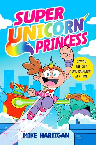 Cartoon girl with unicorn horn flies, battling a robot and monster.