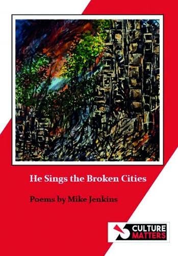 Book cover with abstract painting of city and trees, red background.