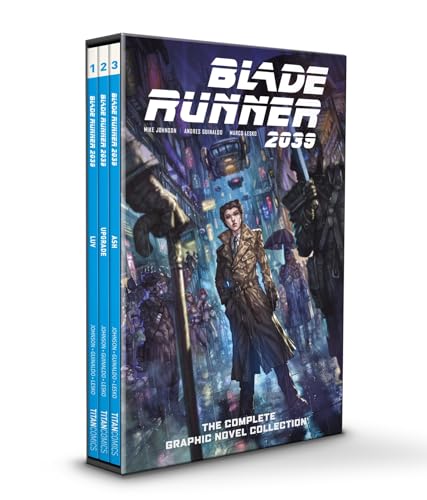 Slipcase containing three “Blade Runner 2039” graphic novels with futuristic cityscape art.