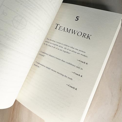 Open book page showing chapter five titled Teamwork with quotes by Coach K.