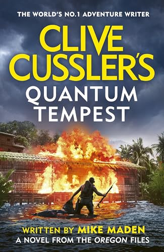 Book cover: “Clive Cussler’s Quantum Tempest” with a fiery explosion scene.