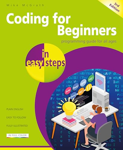Book cover for Coding for Beginners in Easy Steps featuring a person coding at desk.