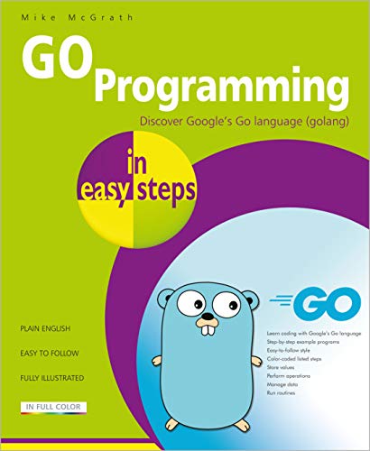 Book cover: "GO Programming in easy steps" with a cartoon gopher.