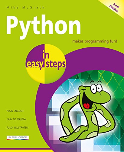 Book cover for Python in easy steps 2nd Edition featuring a cartoon green snake.