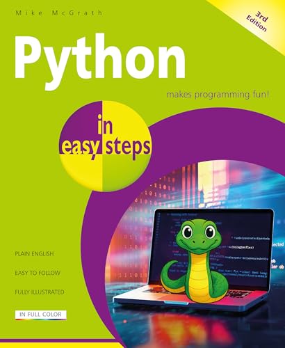 Book cover for Python in easy steps with a cartoon snake on a laptop.
