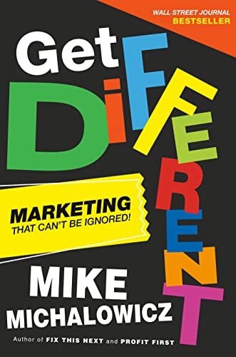 Book cover: "Get Different" by Mike Michalowicz, colorful title text.