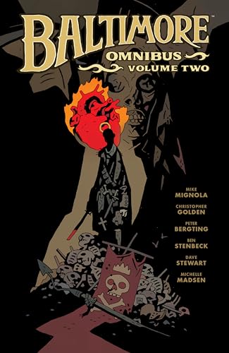 A silhouette of a figure stands over a pile of skulls with a flaming heart.