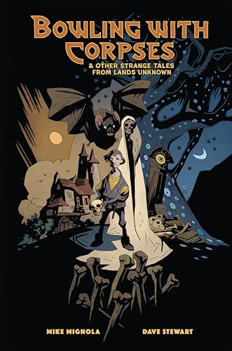 A boy holding a skull stands before a ghost, bat, and graveyard in Mignola style.