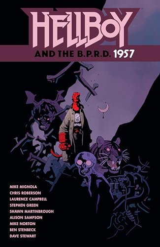 Hellboy stands with monsters and a tiger against a purple background.