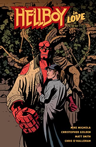Hellboy and a woman stand embraced amidst tangled, dark foliage.