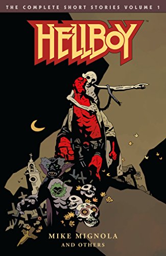 Hellboy carries a pale creature on his back in a dark, stylized graveyard scene.