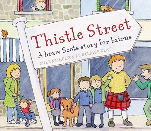 Book cover: “Thistle Street” illustration with children and a street sign.