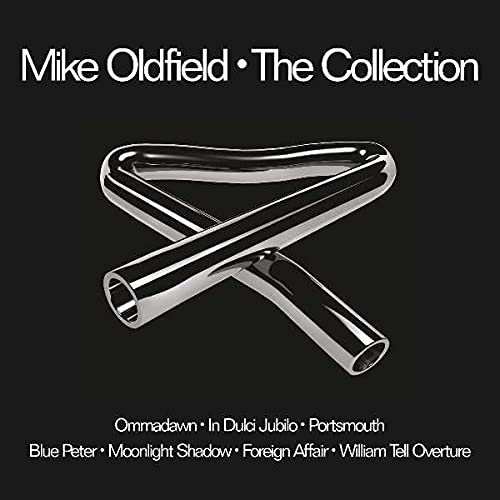 Album cover for Mike Oldfield The Collection featuring a metallic tubular bell on black.