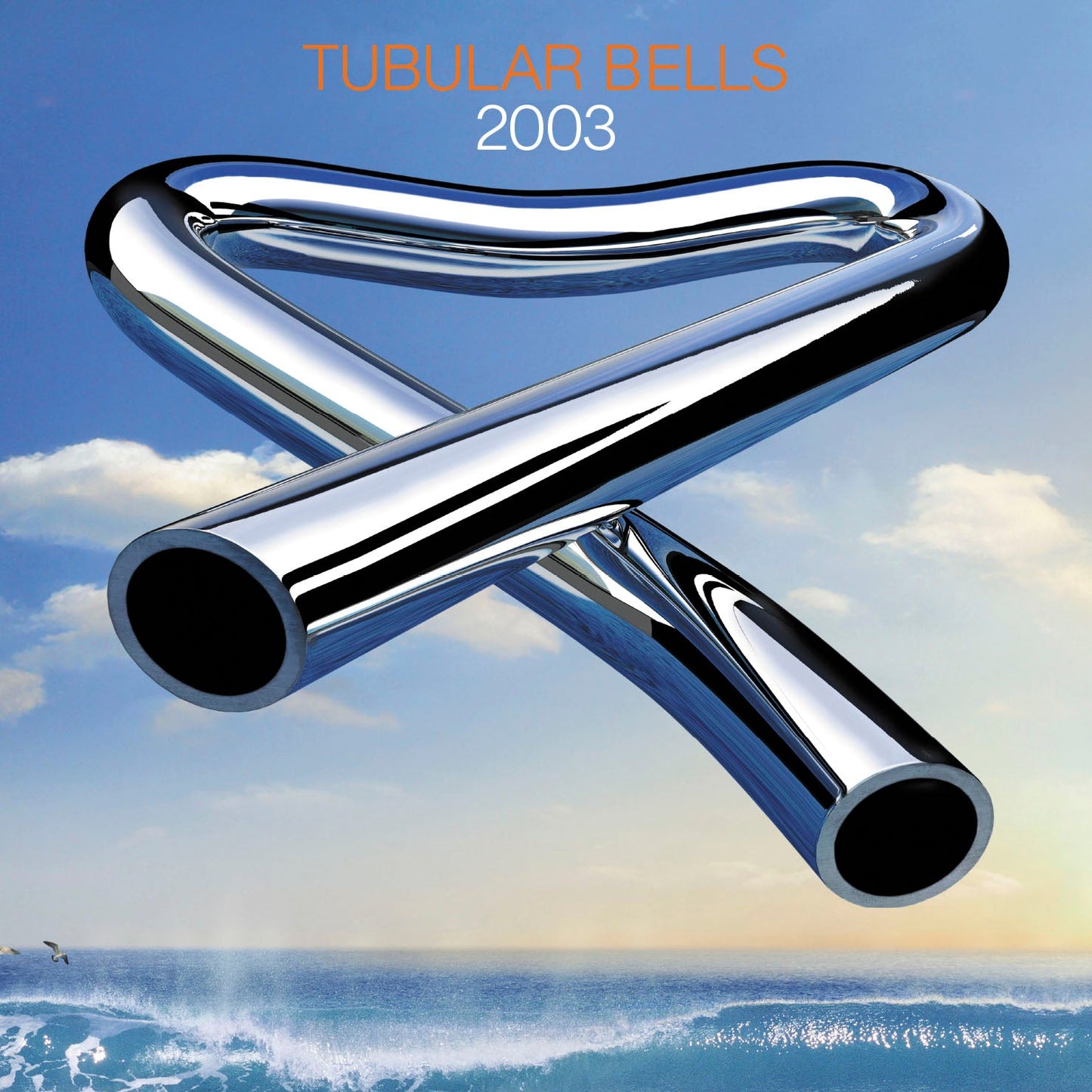 Album cover for Mike Oldfield’s Tubular Bells 2003, featuring chrome tubes.