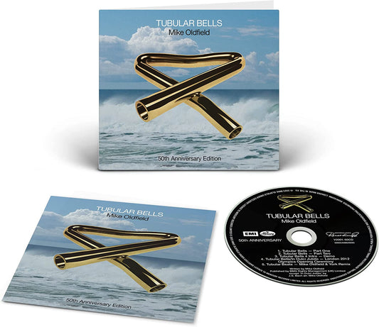 Mike Oldfield Tubular Bells 50th Anniversary Edition CD case and disc with ocean background.