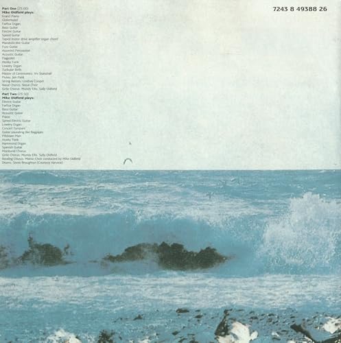 CD back cover of "Tubular Bells" with tracklist and ocean wave image.