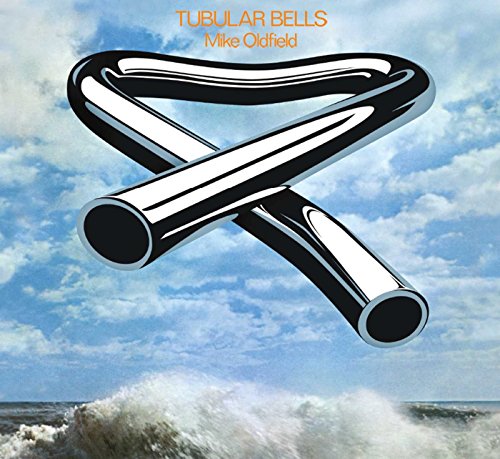 "Mike Oldfield's 'Tubular Bells' vinyl album cover featuring bent metal tubes against a sea scene."